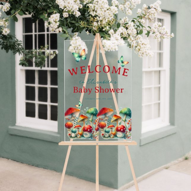 Señal Acrílica Bienvenidos a Baby Shower de Whimsical Forest Mush (Whimsical Forest Mushroom Baby Shower Welcome Acrylic Sign)