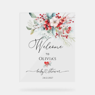 Señal Acrílica Bienvenidos a Baby Shower Red Green Floral Winter