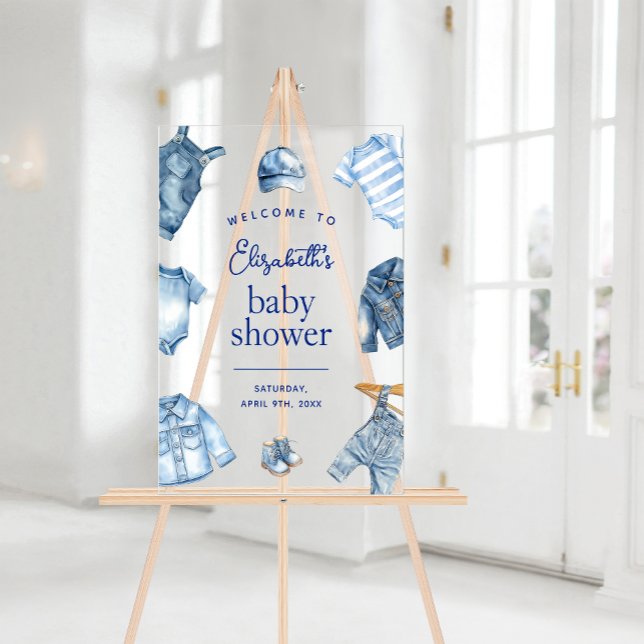 Señal Acrílica Bienvenidos a Baby Shower Temática de Blue Jean Ba (Blue Jean Baby Denim Themed Baby Shower Welcome Acrylic Sign)
