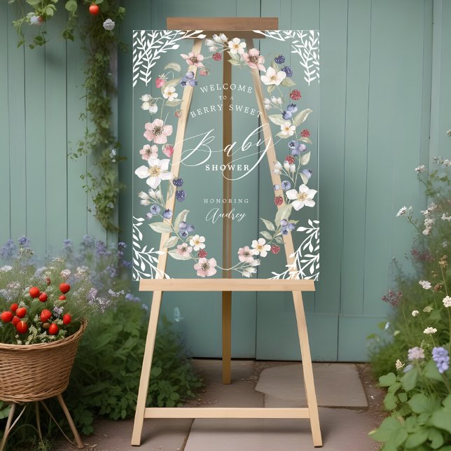 Señal Acrílica Bienvenidos a Berry Sweet Baby Shower Berries & Fl (Berry Sweet Baby Shower Berries & Flowers Welcome Acrylic Sign)