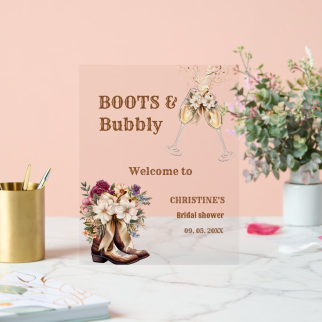 Señal Acrílica Bienvenidos a Boots & Bubbly Boho western Bridal S (Boda)