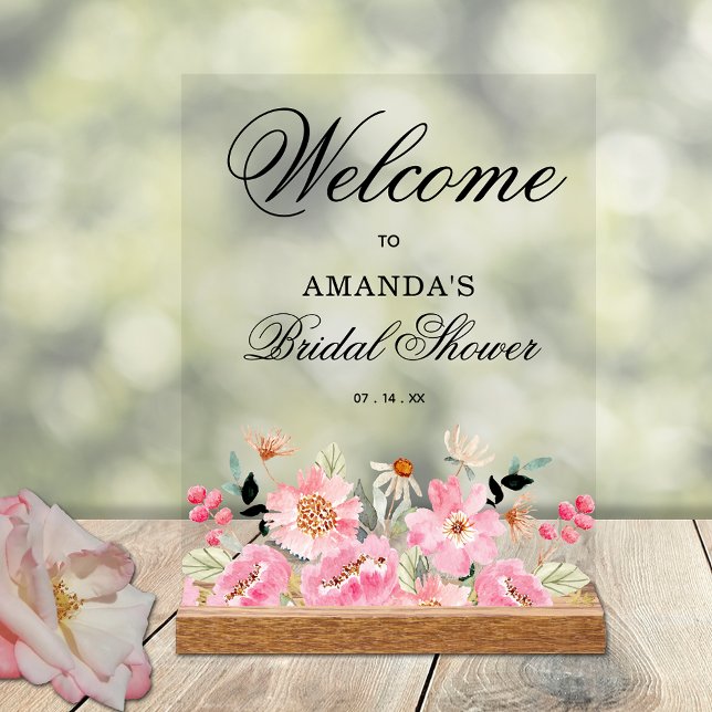 Señal Acrílica Bienvenidos a Brunch con ducha de novia con flores (Pink garden floral bridal shower welcome acrylic tabletop sign)