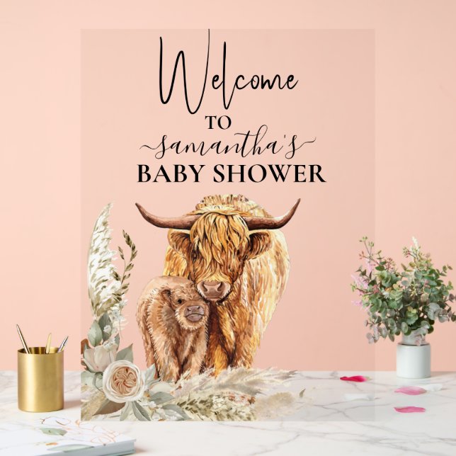 Señal Acrílica Bienvenidos a Highland Cow Calf Baby Shower Boho (Boda)
