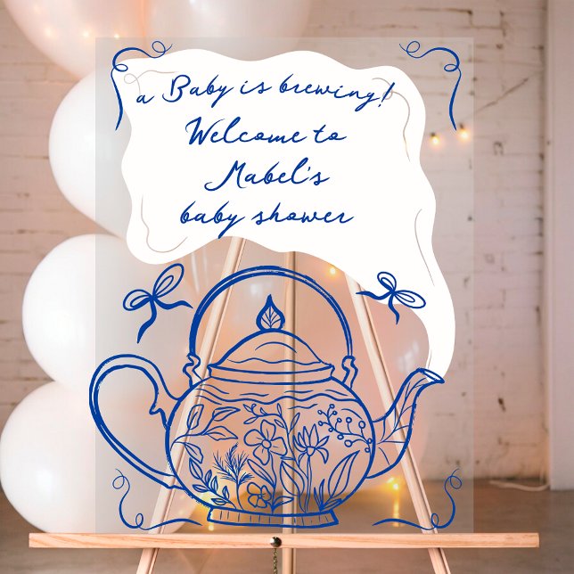 Señal Acrílica Bienvenidos a la ducha de bebé de tetera con arco  (Retro blue bows teapot baby shower welcome acrylic sign)