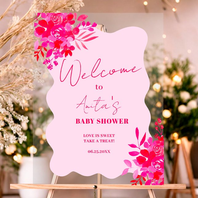 Señal Acrílica Bienvenidos a la ducha de bebé florida rosa rosa c (Hot pink wavy red pink floral baby shower welcome acrylic sign)