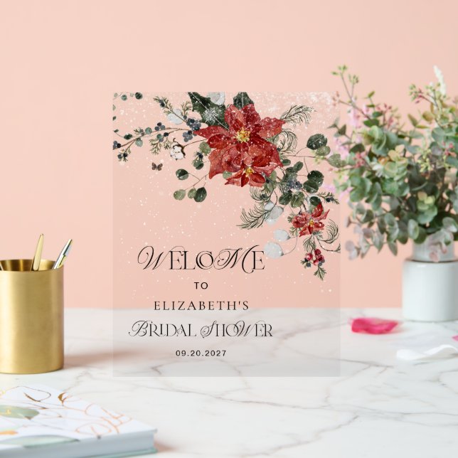 Señal Acrílica Bienvenidos a la ducha de novia floral de invierno (Boda)