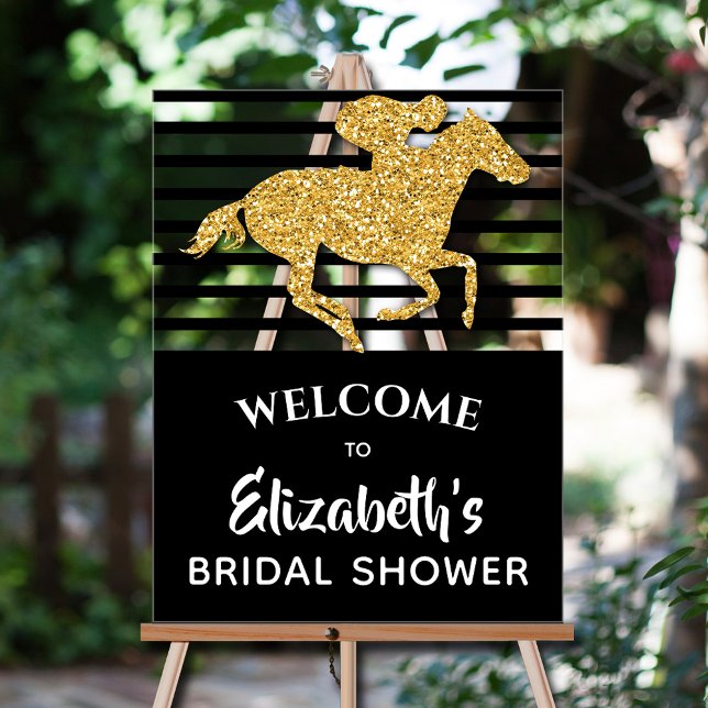 Señal Acrílica Bienvenidos a la ducha de oro en derby (Gold faux glitter racehorse Derby-themed  bridal shower Welcome acrylic sign)