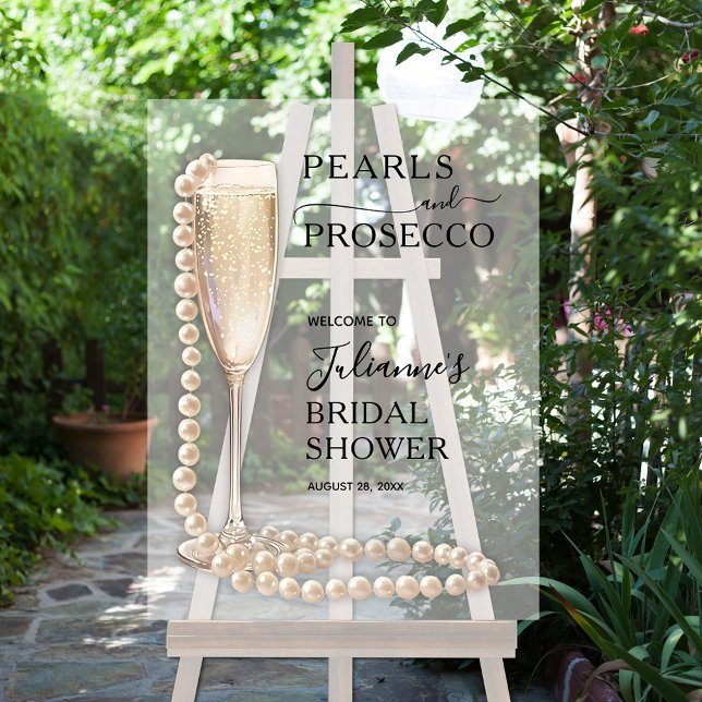 Señal Acrílica Bienvenidos a la ducha de perlas y prosecco (Pearls and Prosecco bridal shower acrylic Welcome sign)
