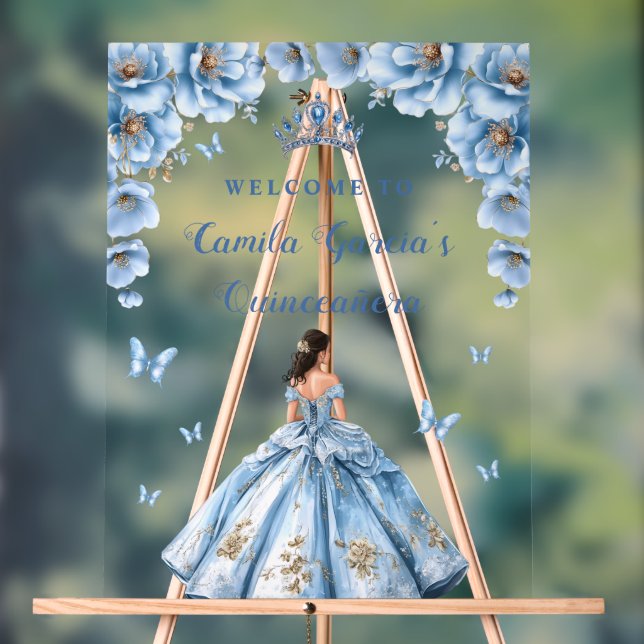 Señal Acrílica Bienvenidos a la Quinceañera Azul Floral Dusty (Neutral )