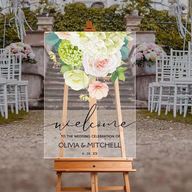 Señal Acrílica Bienvenidos a las flores de nuestra boda  (Welcome to Our Wedding floral clear acrylic sign with hydrangeas, roses and daisies)