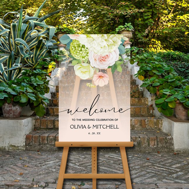 Señal Acrílica Bienvenidos a nuestra floral Boda (Welcome to Our Wedding clear acrylic sign with a floral bouquet at the top)