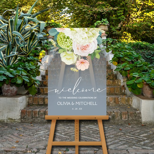 Señal Acrílica Bienvenidos a nuestra floral Boda (Welcome to Our Wedding clear acrylic sign with a floral bouquet at the top)