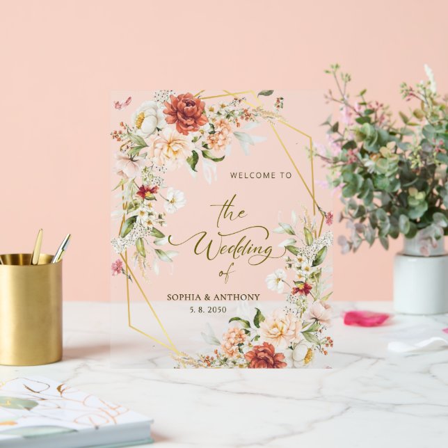 Señal Acrílica Bienvenidos a nuestra geométrica de oro de follaje (Boda)