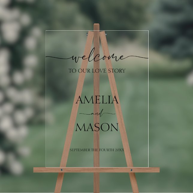 Señal Acrílica Bienvenidos a nuestro Boda de historias de amor (Clear acrylic simple minimalist wedding welcome sign with black text)