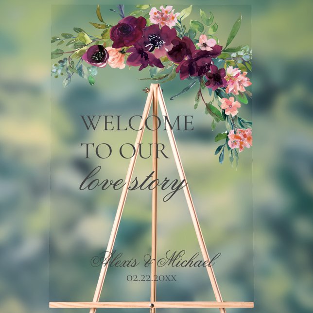 Señal Acrílica Bienvenidos a nuestro Boda floral de historias de  (Elegant Floral Welcome to Our Love Story Welcome Wedding Acrylic Sign, Script Burgundy Blush Pink)