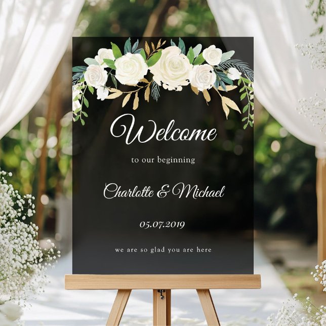 Señal Acrílica ¡Bienvenidos a nuestro comienzo! Boda (Welcome to our beginning! Floral, white and greenery, wedding, acrylic sign.)