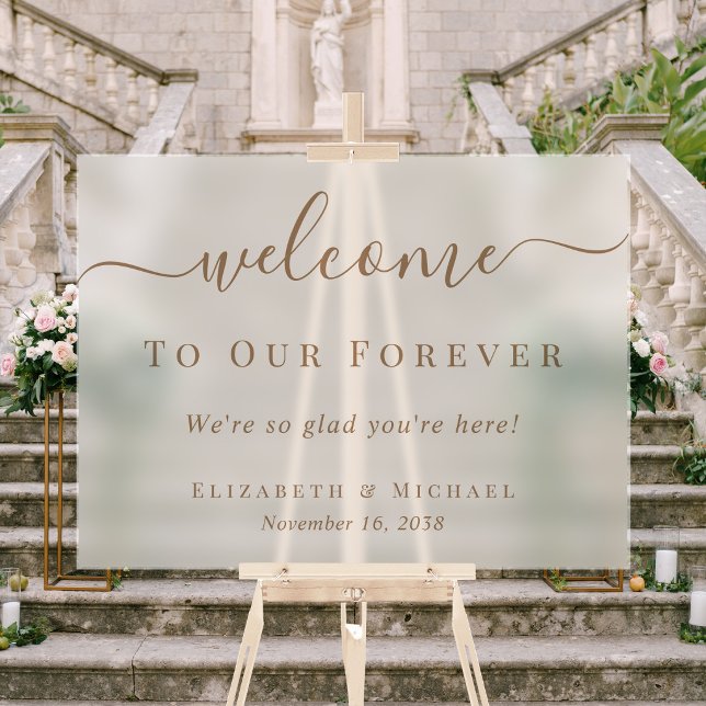 Señal Acrílica Bienvenidos a Nuestro Script Dorado Congelado para (Welcome To Our Forever Gold Script Frosted Wedding Acrylic Sign)