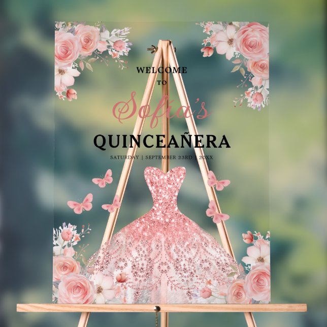 Señal Acrílica Bienvenidos a Quinceañera, Princesa de Oro Rosa de (Neutral )