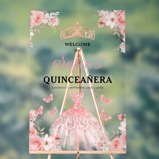 Señal Acrílica Bienvenidos a Quinceañera, Princesa de Oro Rosa de (Neutral )
