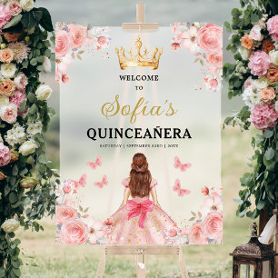 Señal Acrílica Bienvenidos a Quinceañera, Princesa de Oro Rosa de