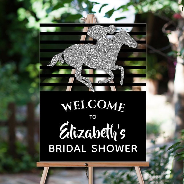 Señal Acrílica Bienvenidos a Silver Racehorse Derby Bridal Shower (Silver faux glitter racehorse Derby-themed  bridal shower Welcome acrylic sign)