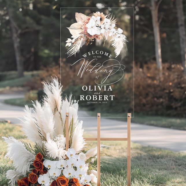 Señal Acrílica Bienvenidos a Terracota y Boda Floral de Boho Blan (Boho Floral Wedding Welcome Transparent Acrylic Sign)