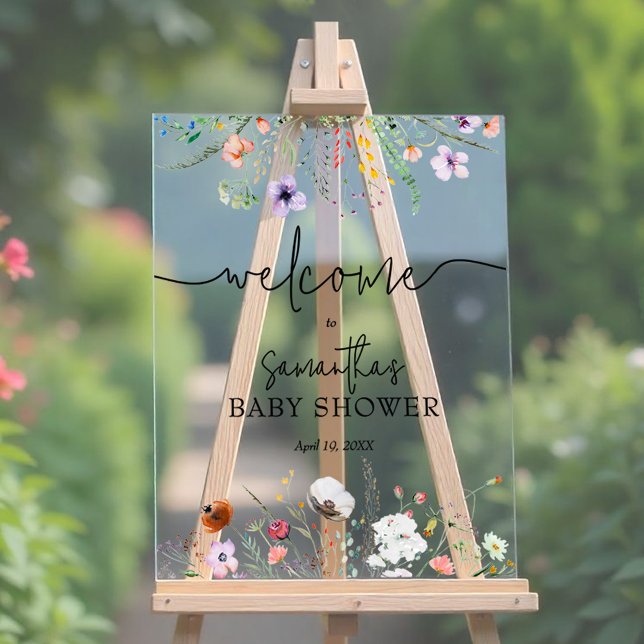 Señal Acrílica Bienvenidos a Wildflower Baby Shower (Wildflower baby shower Welcome acrylic sign, choose any size)