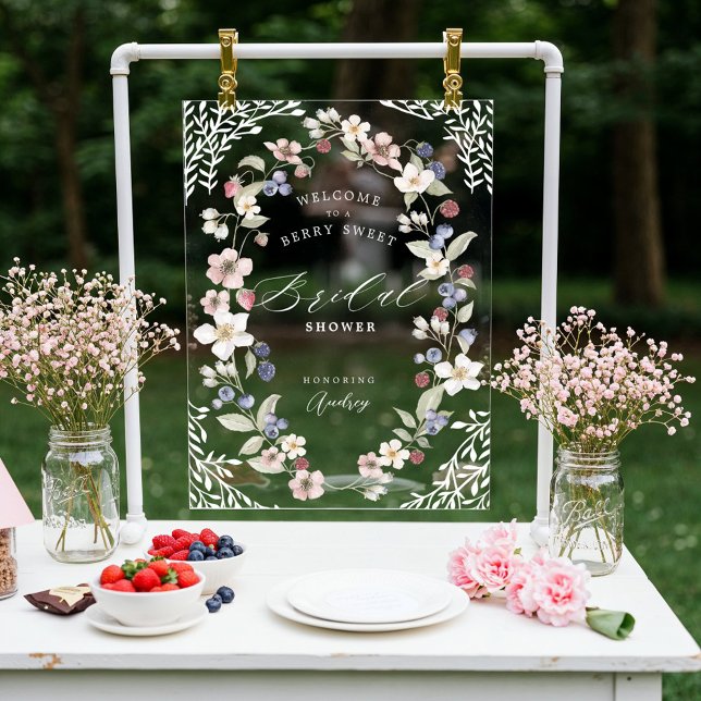 Señal Acrílica Bienvenidos Berry Sweet Bridal Shower Berries Flow (Berry Sweet Bridal Shower Berries Flowers Welcome Acrylic Sign)