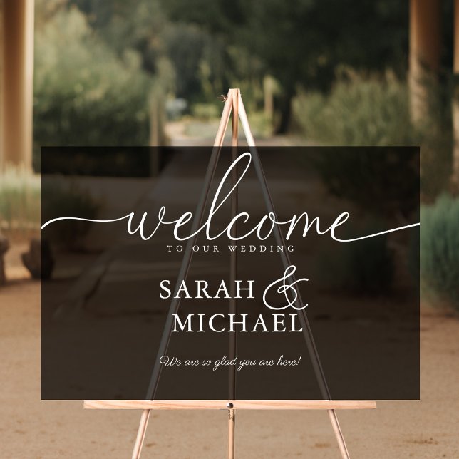 Señal Acrílica ¡BIENVENIDOS! Elegante, negro, transparente, Boda (WELCOME! Elegant, Transparent, Wedding Acrylic Sign)