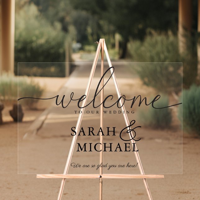 Señal Acrílica ¡BIENVENIDOS! Elegante, transparente, Boda (WELCOME! Elegant, Transparent, Wedding Acrylic Sign with your name and sign.)
