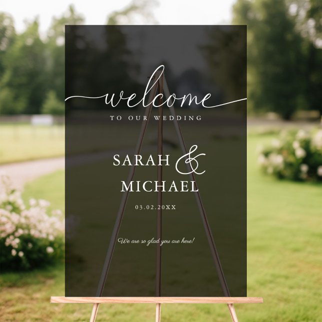 Señal Acrílica ¡BIENVENIDOS! Elegante, transparente, negro, Boda (WELCOME! Elegant, Black, Transparent, Wedding Acrylic Sign)