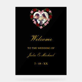 Señal Acrílica Black Acrylic Wedding Welcome Sign - Floral Heart
