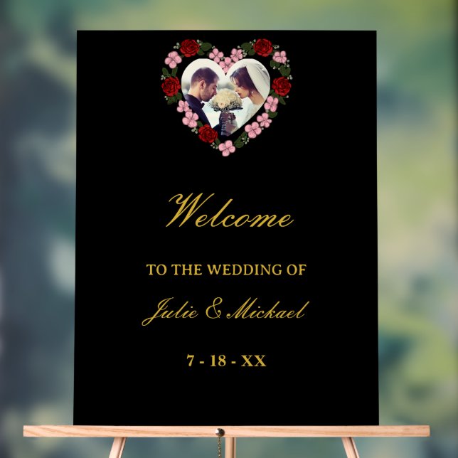 Señal Acrílica Black Acrylic Wedding Welcome Sign - Floral Heart (Neutral )
