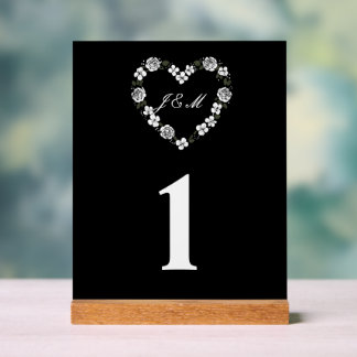 Señal Acrílica  Black and White Floral Heart Acrylic Wedding