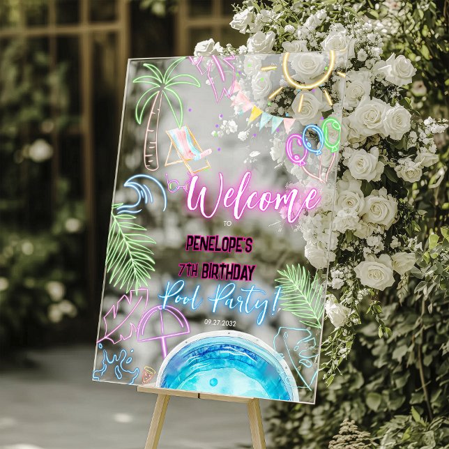 Señal Acrílica Black Neon Glow Watercolor Pool Party Welcome (Subido por el creador)