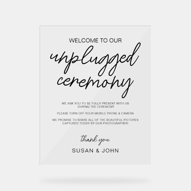 Señal Acrílica Black & White Modern Unplugged Wedding Sign  (Anverso)