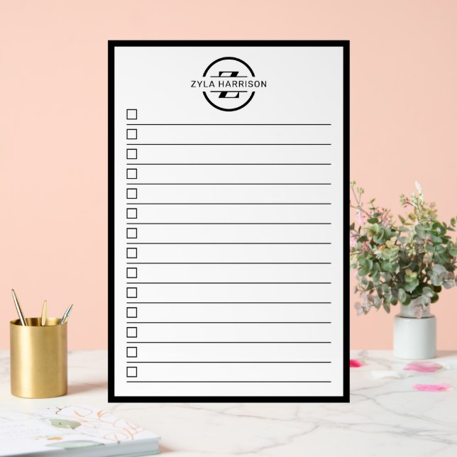 Señal Acrílica Black White Monogram Name To Do List Dry Erase (Boda)