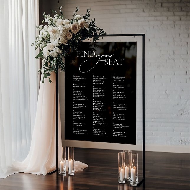 Señal Acrílica Blanco negro moderno mínimo Encuentra tu Boda de a (Minimal Modern Black White Find Your Seat Wedding Acrylic Sign)