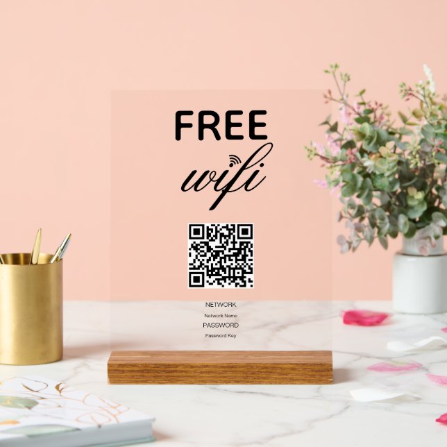 Señal Acrílica Blanco Negro Simple Wi-Fi gratis Código QR Rótulo  (Boda)