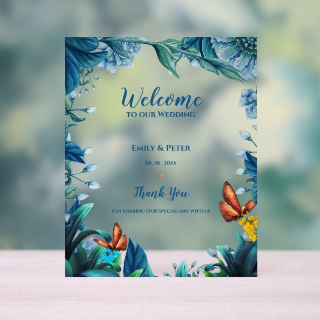 Señal Acrílica Blue Botanical Butterfly Welcome To Our Wedding (Neutral )