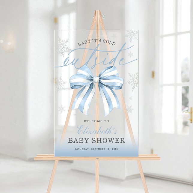 Señal Acrílica Blue Bow Baby Su Frío Afuera De Baby Shower (Blue Bow Baby Its Cold Outside Baby Shower Welcome Acrylic Sign)