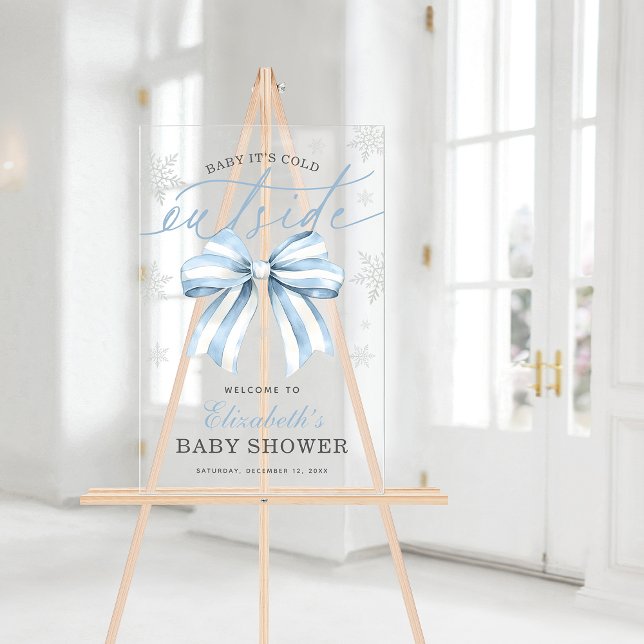 Señal Acrílica Blue Bow Baby Su Frío Afuera De Baby Shower (Blue Bow Baby Its Cold Outside Baby Shower Welcome Acrylic Sign)