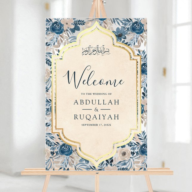 Señal Acrílica Blue Cream Floral Gold Muslim Wedding Welcome (Subido por el creador)