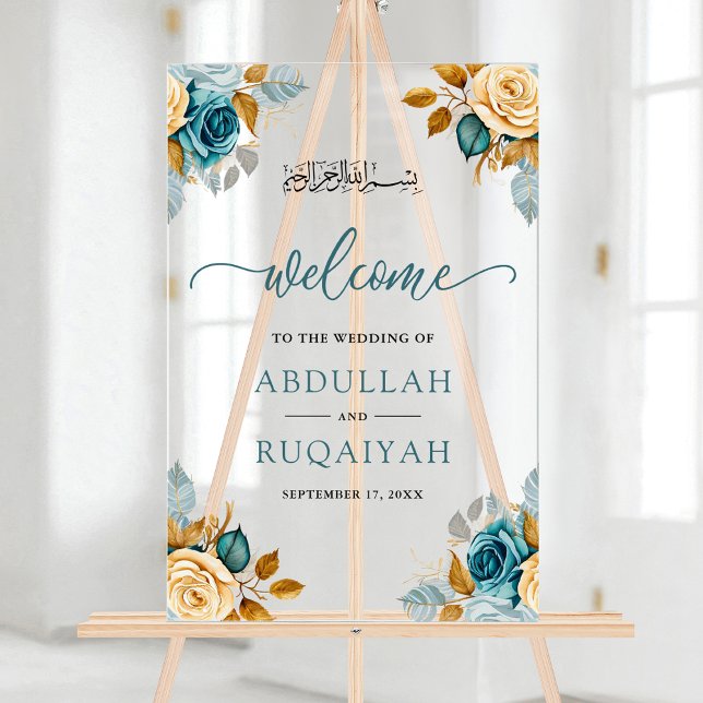 Señal Acrílica Blue Cream Floral Muslim Wedding Welcome (Subido por el creador)