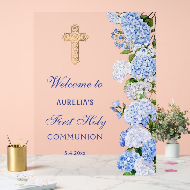 Señal Acrílica Blue Hydrangea First Communion Welcome (Boda)