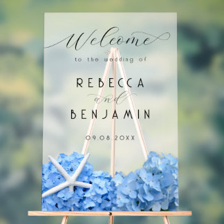 Señal Acrílica Blue Hydrangea Seaside Boda Bienvenida Opaque