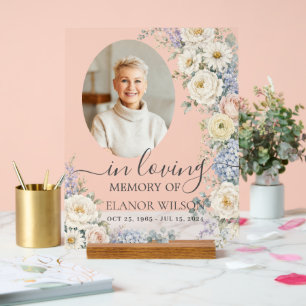 Señal Acrílica Blush Floral Foto Funeral Memorial Azul Blanco