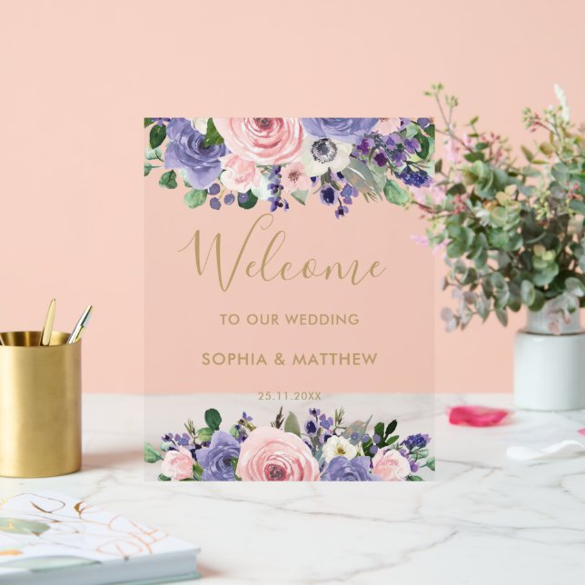 Señal Acrílica Blush Lavender Purple Floral Wedding Welcome (Boda)