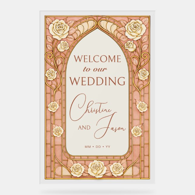 Señal Acrílica Blush Pink Stained Glass Floral Wedding Welcome  (Anverso)
