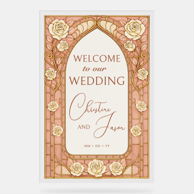 Señal Acrílica Blush Pink Stained Glass Floral Wedding Welcome  (Anverso)
